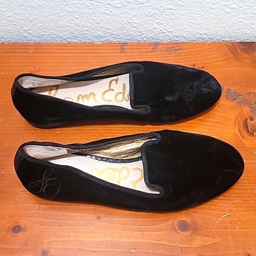 Sam Edelman Alvin Loafers Womens 7.5 Black Velvet Smoking Slipper Flat Shoes - Picture 2 of 16